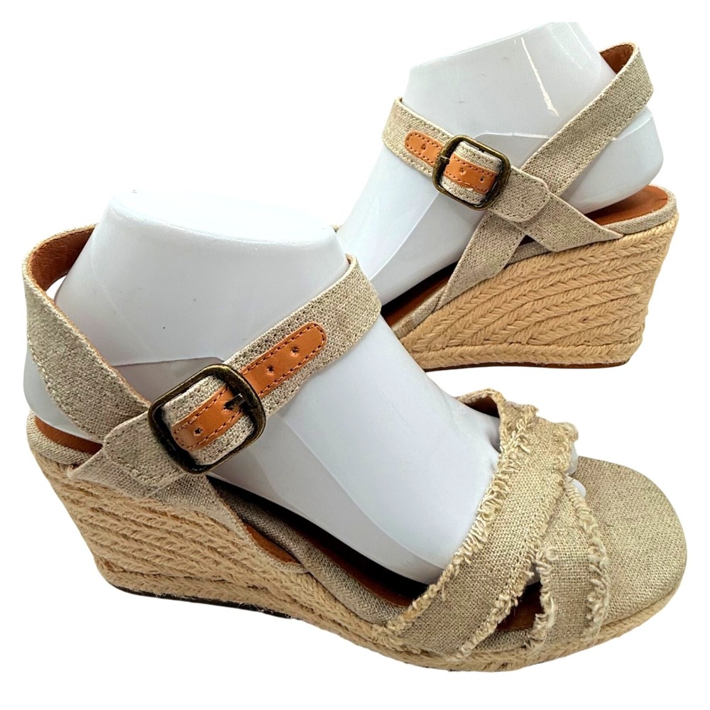 Lucky Brand Marvey Espadrille Wedge Sandals 8.5 Ankle Strap Beige Boho Comfort